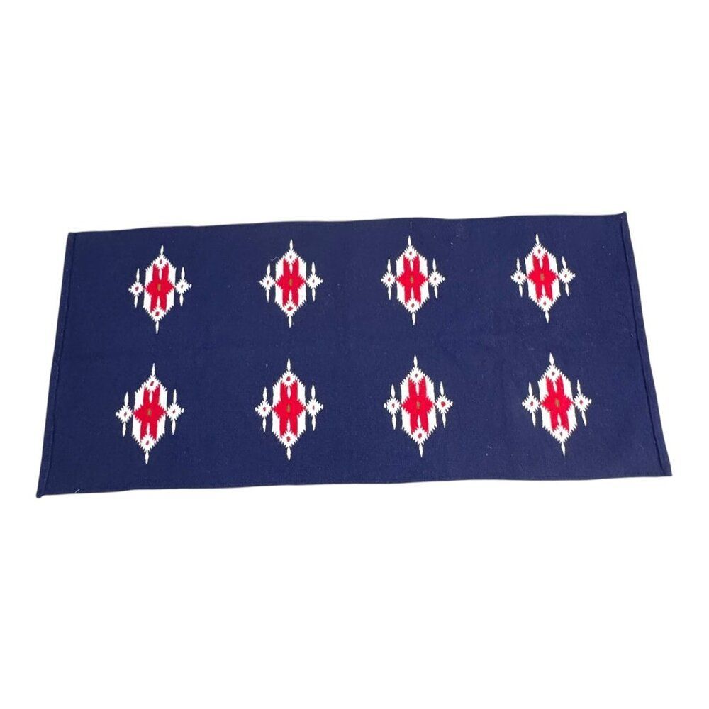 Vintage Navajo Inspired Southwest Woven Rug Geometric Red White Navy Blue Runner